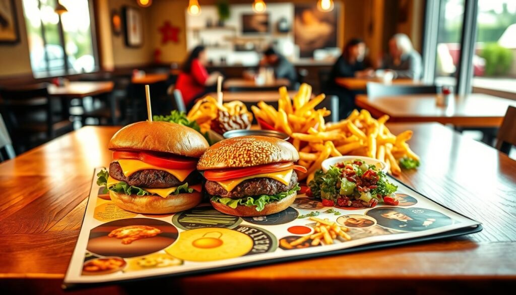 A vibrant, visually appealing lunch menu displayed on a wooden restaurant table, inviting and colorful. In the foreground, the menu features various mouthwatering items like burgers, salads, and fries artistically arranged, with rich textures and appetizing colors. In the middle, a casual diner ambiance with soft natural lighting filtering through a nearby window, highlighting the food. In the background, subtle hints of a cozy restaurant setting, such as blurred tables and soft-focus patrons dressed in casual attire, enjoying their meals. Capture the warm and inviting atmosphere of lunchtime, encouraging viewers to plan their visit around lunch hours, emphasizing the diversity and appeal of the menu without any text or overlays.
