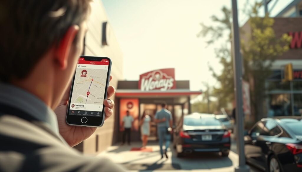 A visually engaging scene showcasing a modern Wendy's restaurant storefront, bustling with activity. In the foreground, a professional-looking individual in casual business attire is holding a smartphone displaying a map with directions. The middle of the image features a welcoming entrance of the restaurant, with the iconic Wendy’s logo clearly visible. The background reveals a sunny day, with people walking and parked cars, creating a lively atmosphere. Soft, natural lighting illuminates the scene, casting gentle shadows for depth. The image should have a slightly wide-angle perspective to capture the essence of the surroundings, emphasizing the connection between finding directions and visiting the store. The feeling is upbeat and focused on convenience. A visually engaging scene showcasing a modern Wendy's restaurant storefront, bustling with activity. In the foreground, a professional-looking individual in casual business attire is holding a smartphone displaying a map with directions. The middle of the image features a welcoming entrance of the restaurant, with the iconic Wendy’s logo clearly visible. The background reveals a sunny day, with people walking and parked cars, creating a lively atmosphere. Soft, natural lighting illuminates the scene, casting gentle shadows for depth. The image should have a slightly wide-angle perspective to capture the essence of the surroundings, emphasizing the connection between finding directions and visiting the store. The feeling is upbeat and focused on convenience.
