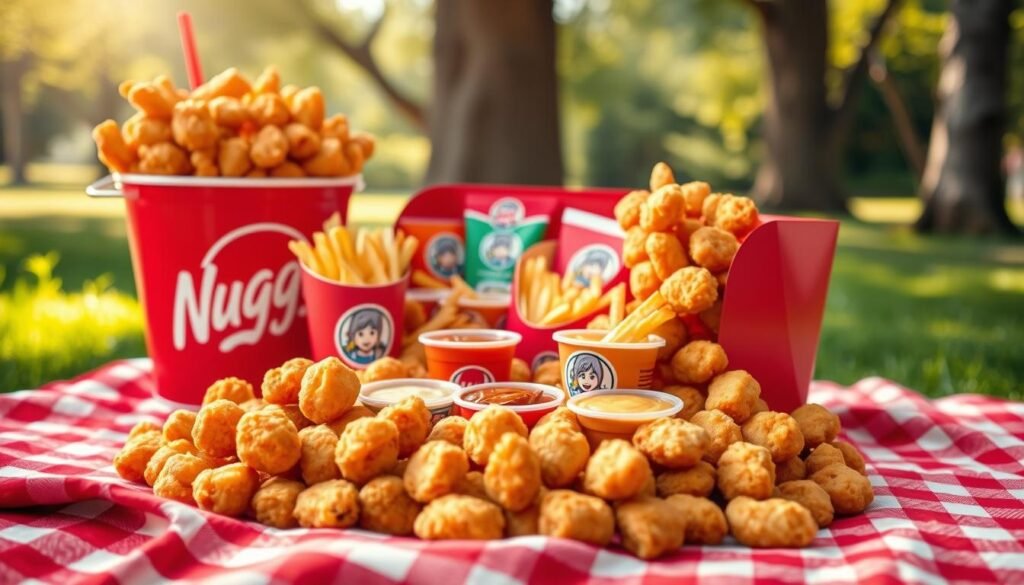 A visually enticing Nuggs Party Pack featuring an oversized, beautifully arranged bucket filled with crispy chicken nuggets, presented on a vibrant red checkered picnic cloth. In the foreground, showcase golden-brown nuggets with delectable sauces like barbecue, ranch, and honey mustard artfully placed around them. The middle section includes a colorful assortment of side items such as fries and dipping containers, creating a festive atmosphere. In the background, a bright and cheerful setting that hints at a fun gathering, with soft sunlight filtering through trees, casting a warm glow over the scene. Use a shallow depth of field to keep the focus on the Nuggs, while slightly blurring the background to enhance the inviting and joyful mood of a party celebration centered around Wendy's 50 Nugget Bucket. A visually enticing Nuggs Party Pack featuring an oversized, beautifully arranged bucket filled with crispy chicken nuggets, presented on a vibrant red checkered picnic cloth. In the foreground, showcase golden-brown nuggets with delectable sauces like barbecue, ranch, and honey mustard artfully placed around them. The middle section includes a colorful assortment of side items such as fries and dipping containers, creating a festive atmosphere. In the background, a bright and cheerful setting that hints at a fun gathering, with soft sunlight filtering through trees, casting a warm glow over the scene. Use a shallow depth of field to keep the focus on the Nuggs, while slightly blurring the background to enhance the inviting and joyful mood of a party celebration centered around Wendy's 50 Nugget Bucket.