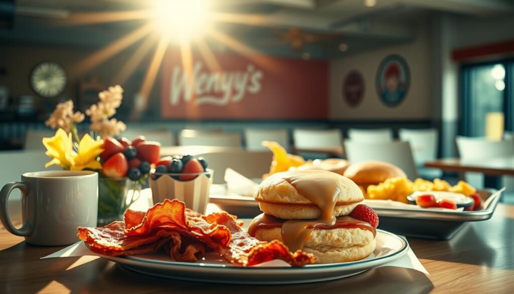 A warm morning scene representing Wendy's breakfast, featuring a beautifully arranged table with an array of breakfast items such as crispy bacon, fluffy scrambled eggs, and freshly baked biscuits topped with gravy. In the foreground, a steaming cup of coffee sits next to a vibrant fruit bowl with strawberries and blueberries, adding a splash of color. The middle ground includes a classic Wendy's tray showcasing their signature breakfast sandwich, highlighted by golden hash browns. In the background, a softly lit Wendy's restaurant interior, with a welcoming atmosphere and cheerful decor, suggests a busy yet relaxed morning vibe. The lighting is bright and inviting, simulating early morning sunlight streaming in through large windows, enhancing the overall mood of a comforting breakfast experience. The image is shot from a slight angle to capture depth and detail, inviting viewers to savor the moment.