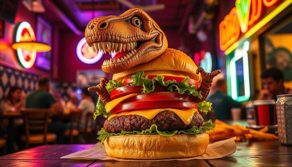 A whimsical and oversized T-Rex burger sitting prominently in the foreground, featuring a juicy, thick patty with a crispy golden bun, topped with fresh lettuce, tomato, and melting cheese. The T-Rex burger is anthropomorphized, with small dinosaur arms reaching out as if it's playfully inviting people to taste it. In the middle ground, a rustic diner setting with vintage decor, giving a nostalgic feel, surrounded by colorful neon lights that glow softly in the dim ambiance. In the background, faint silhouettes of patrons enjoying their meals, creating a lively atmosphere. The lighting is warm and inviting, enhancing the mouthwatering appeal of the burger. Shot at a low angle to emphasize the towering nature of the burger against the nostalgic diner backdrop, evoking a fun and adventurous mood.