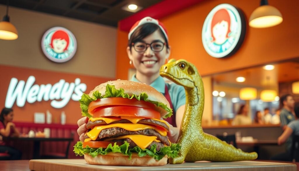 A whimsical and playful image of a "T-Rex Burger" served at a fast-food restaurant, set against the backdrop of a vibrant, bustling Wendy's. The foreground features a large, cartoonish burger with a T-Rex style bun, topped with fresh lettuce, tomato, and melted cheese, showcasing its unique shape and eye-catching colors. In the middle, a cheerful server wearing a Wendy's uniform holds the T-Rex Burger, smiling and welcoming customers. The background displays the iconic Wendy's sign and a warm, inviting indoor dining area, illuminated by soft, ambient lighting. The atmosphere feels fun and lighthearted, evoking the excitement of trying this unique menu item. The scene is captured with a slightly elevated angle to emphasize the burger's grandeur and the inviting environment, with a focus on bright hues and dynamic composition.