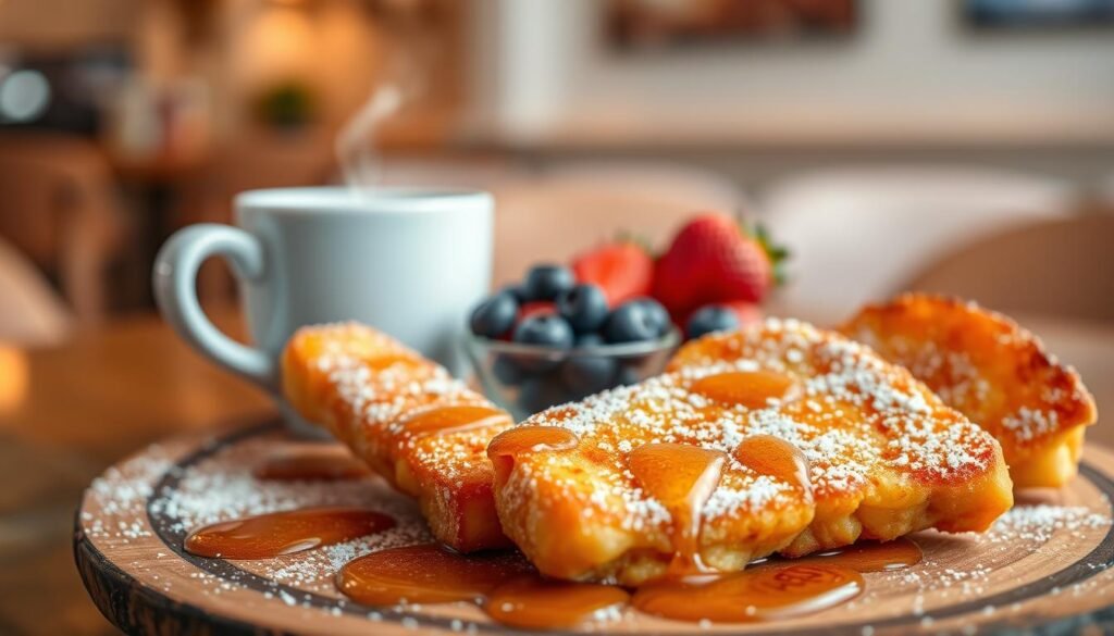 Homestyle French toast sticks served on a rustic wooden plate, lightly dusted with powdered sugar, glistening with a drizzle of warm maple syrup. The foreground features a close-up of the golden-brown sticks, showcasing their crispy edges and soft, fluffy centers. In the middle, a small bowl of fresh blueberries and strawberries adds a splash of color, while a cup of steaming coffee sits nearby, emitting gentle wisps of steam. The background features a cozy café setting, with soft, ambient lighting and subtle pastel-colored décor, creating a warm and inviting atmosphere. The scene captures the delightful indulgence of a sweet breakfast choice, evoking a sense of comfort and nostalgia. The composition is shot with a shallow depth of field, ensuring the French toast sticks are in sharp focus against the softly blurred background. Homestyle French toast sticks served on a rustic wooden plate, lightly dusted with powdered sugar, glistening with a drizzle of warm maple syrup. The foreground features a close-up of the golden-brown sticks, showcasing their crispy edges and soft, fluffy centers. In the middle, a small bowl of fresh blueberries and strawberries adds a splash of color, while a cup of steaming coffee sits nearby, emitting gentle wisps of steam. The background features a cozy café setting, with soft, ambient lighting and subtle pastel-colored décor, creating a warm and inviting atmosphere. The scene captures the delightful indulgence of a sweet breakfast choice, evoking a sense of comfort and nostalgia. The composition is shot with a shallow depth of field, ensuring the French toast sticks are in sharp focus against the softly blurred background.